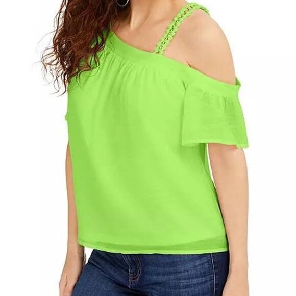 Palette Large lime cold shoulder gauze lined casual woman's spring summer top. - Picture 2 of 2